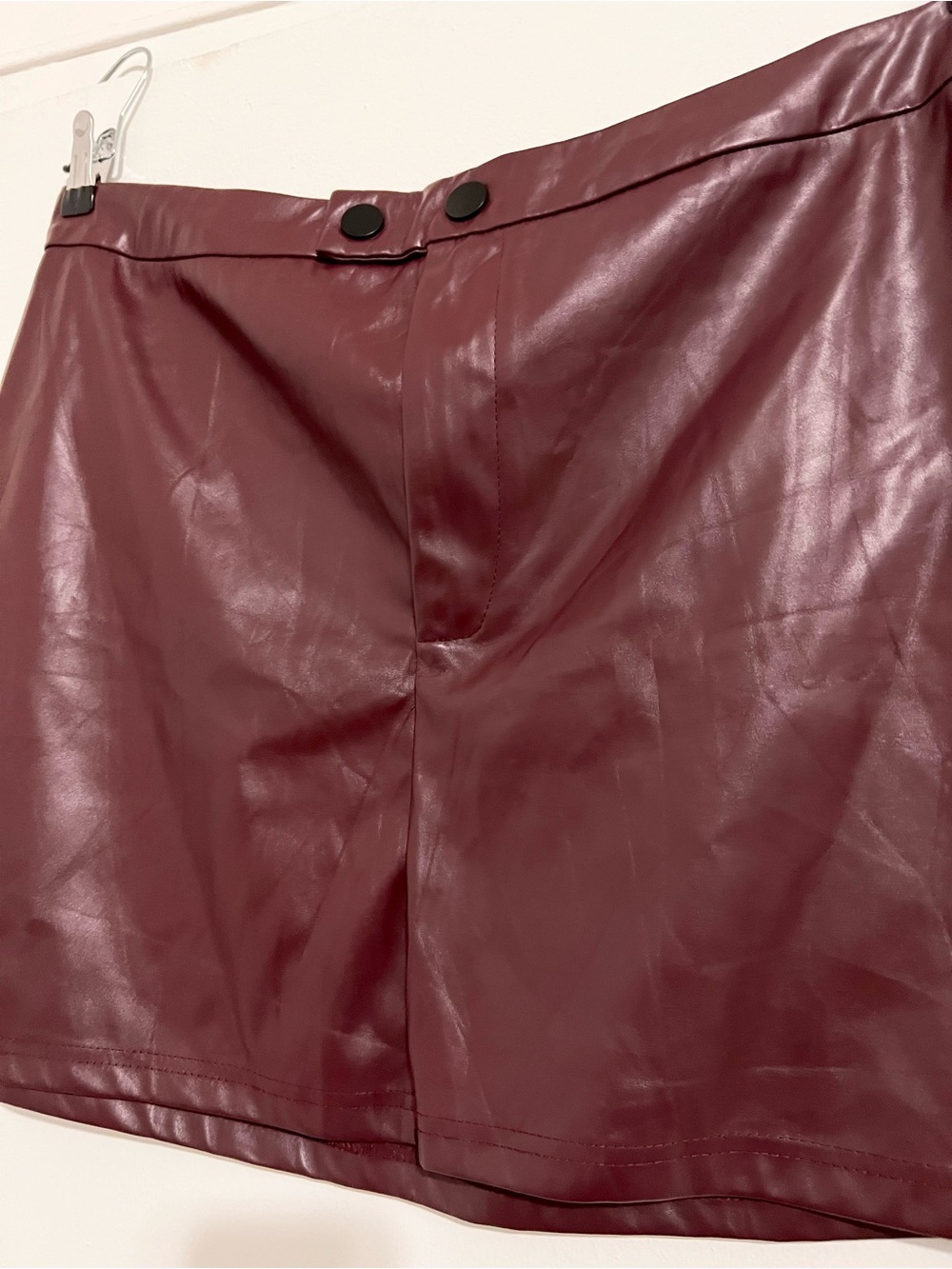 Burgundy Faux Leather Mini Skirt High Waist Vegan Leather Trendy Y2K - Picture 3 of 4